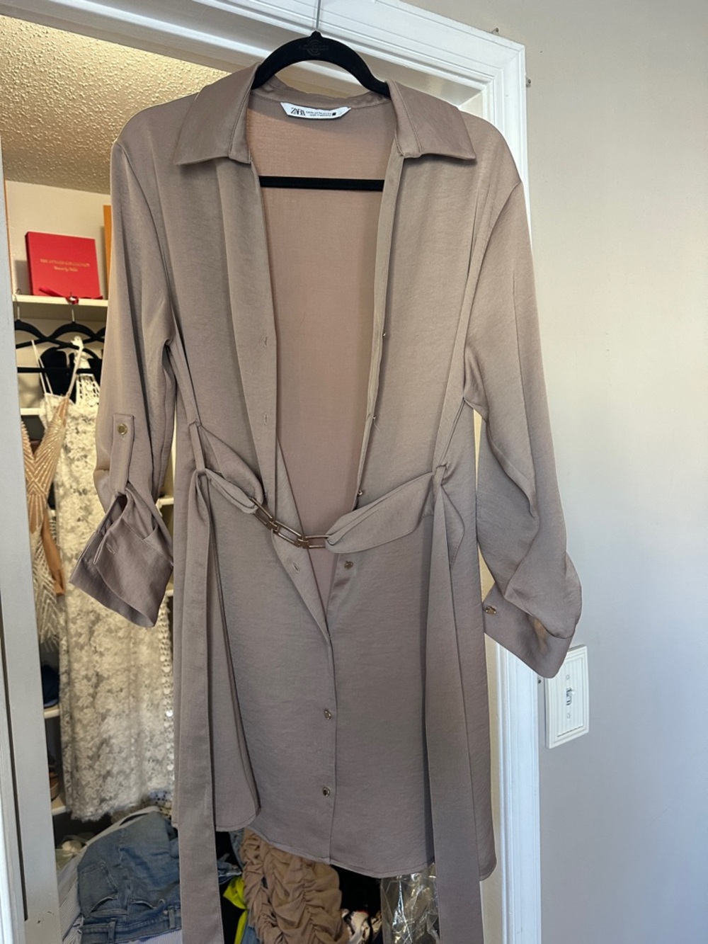 Zara Taupe Long-Sleeve Belted Shirt Dress